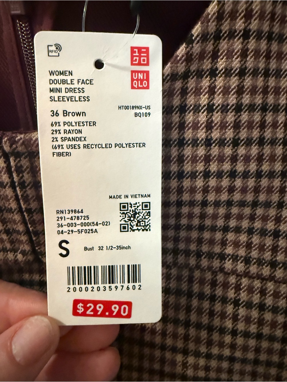 NWT Uniqlo Double Face Mini Dress Sleeveless Brown Houndstooth Size Small - Picture 3 of 5